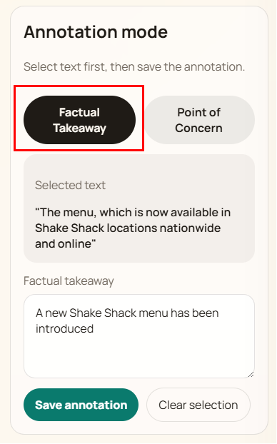 Factual takeaway annotation form with selected text and response field.