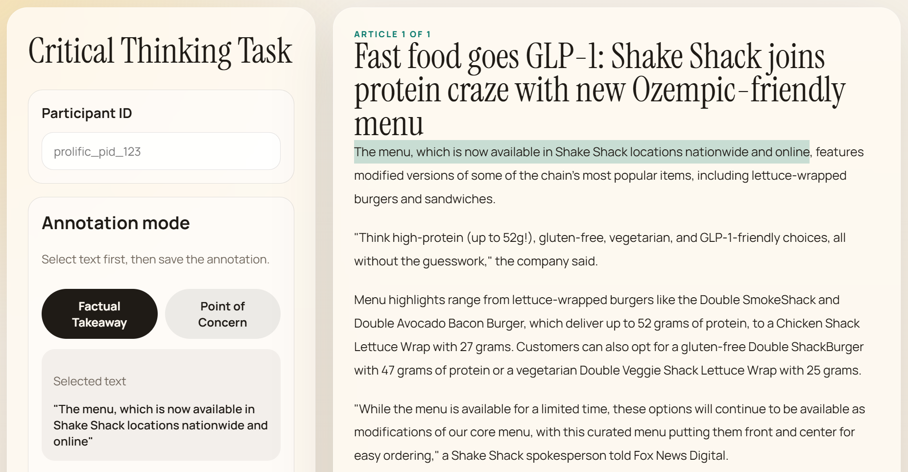 Article text highlighted inside the annotation platform.