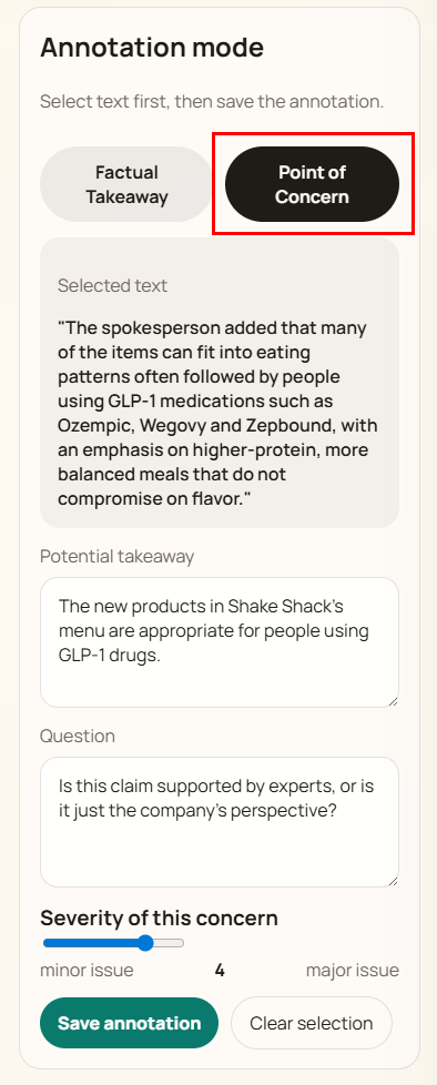 Point of concern form with takeaway, question, and severity fields.