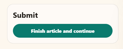 Submit panel showing the Finish article and continue button.